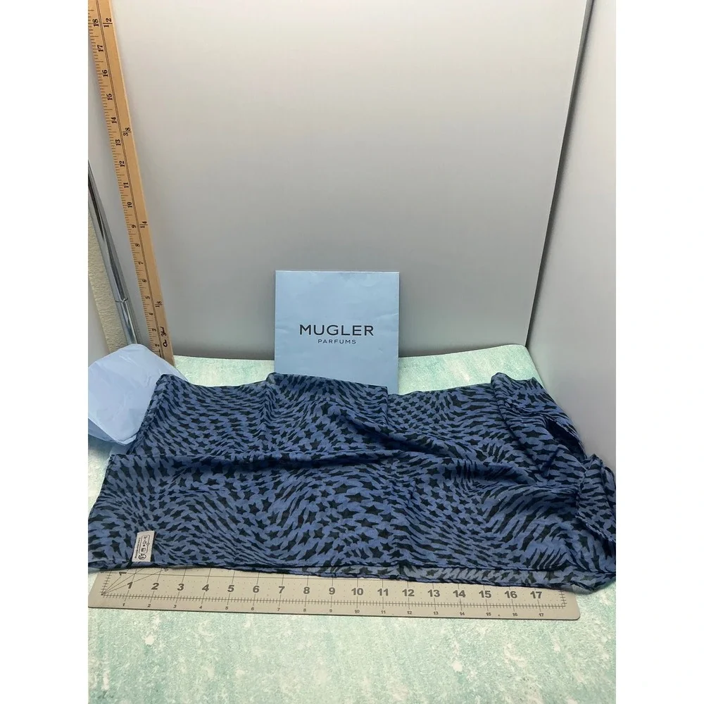 Mugler Parfums Blue Black Star Print Sheer Square Scarf with Original Sleeve